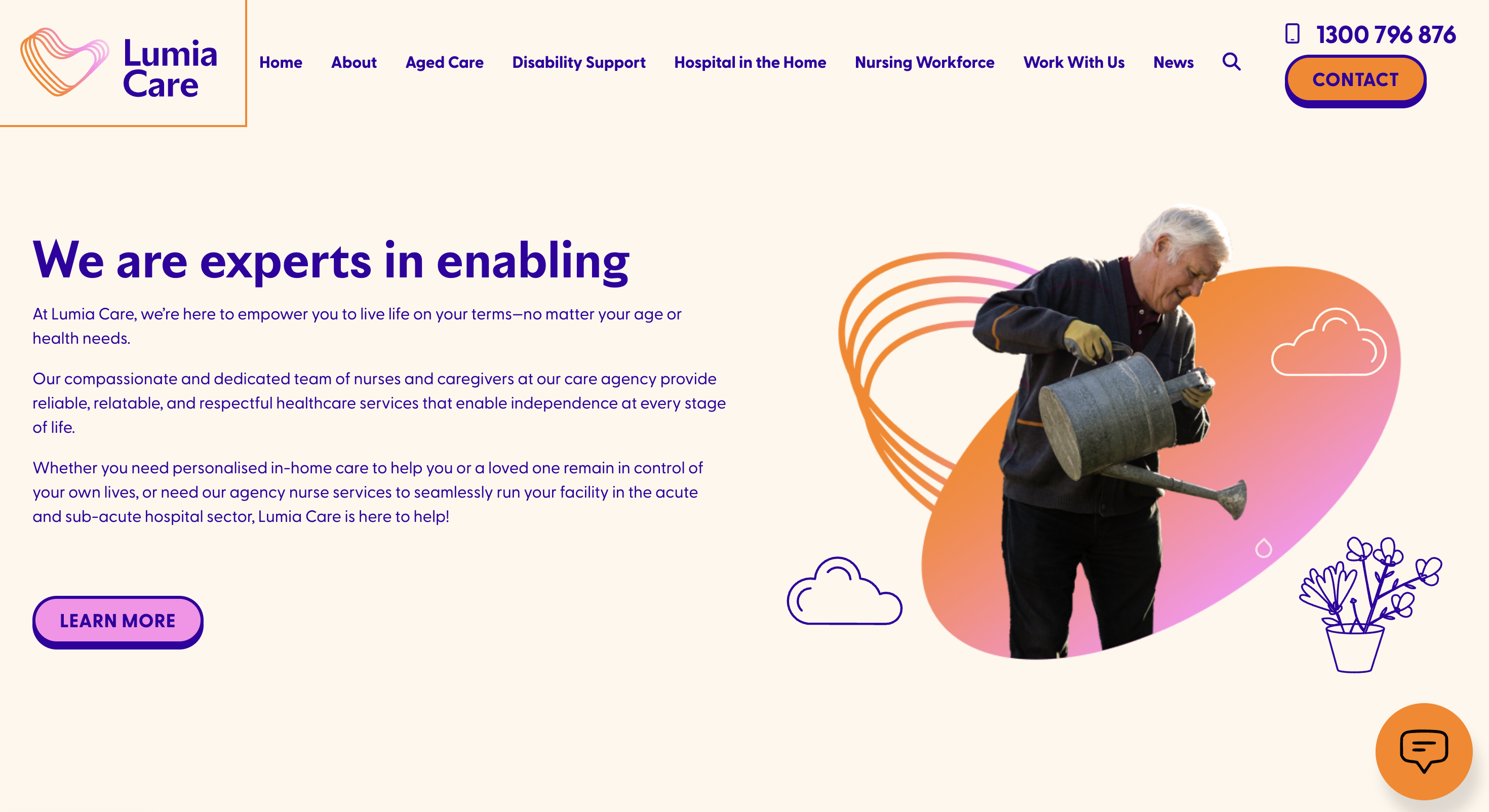Elderly man watering plants on Lumia Care webpage, emphasizing independence and personalized health care services.