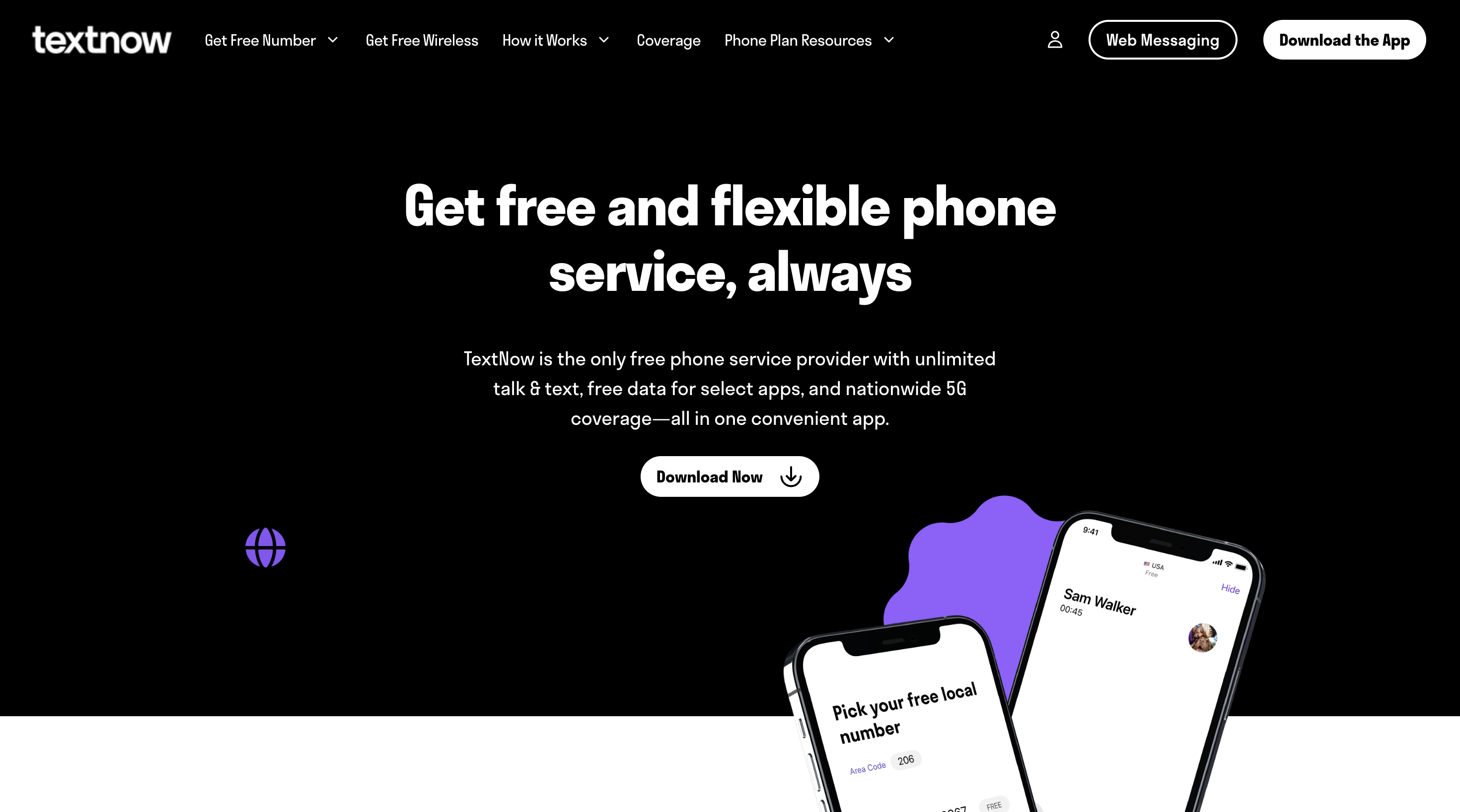 TextNow webpage offering free phone service with unlimited talk, text, data for select apps, and 5G coverage. Includes app download option.