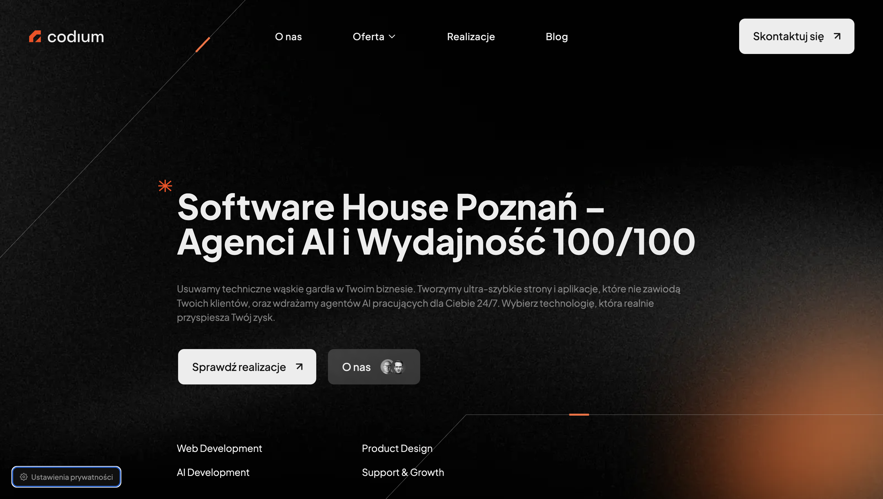 Promotional webpage for a software house in Poznań, highlighting AI agency services and efficiency, with navigation links and contact button.