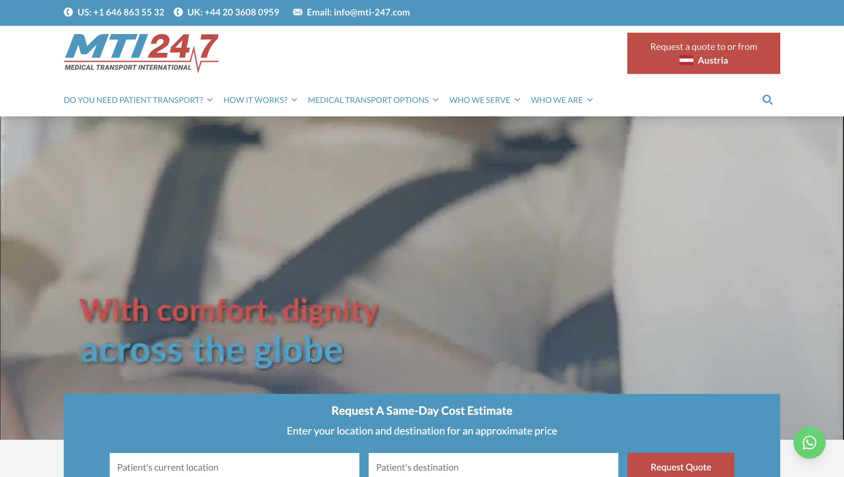Website homepage for MTI 24/7 Medical Transport International, featuring contact info and a quote request option for Austria.