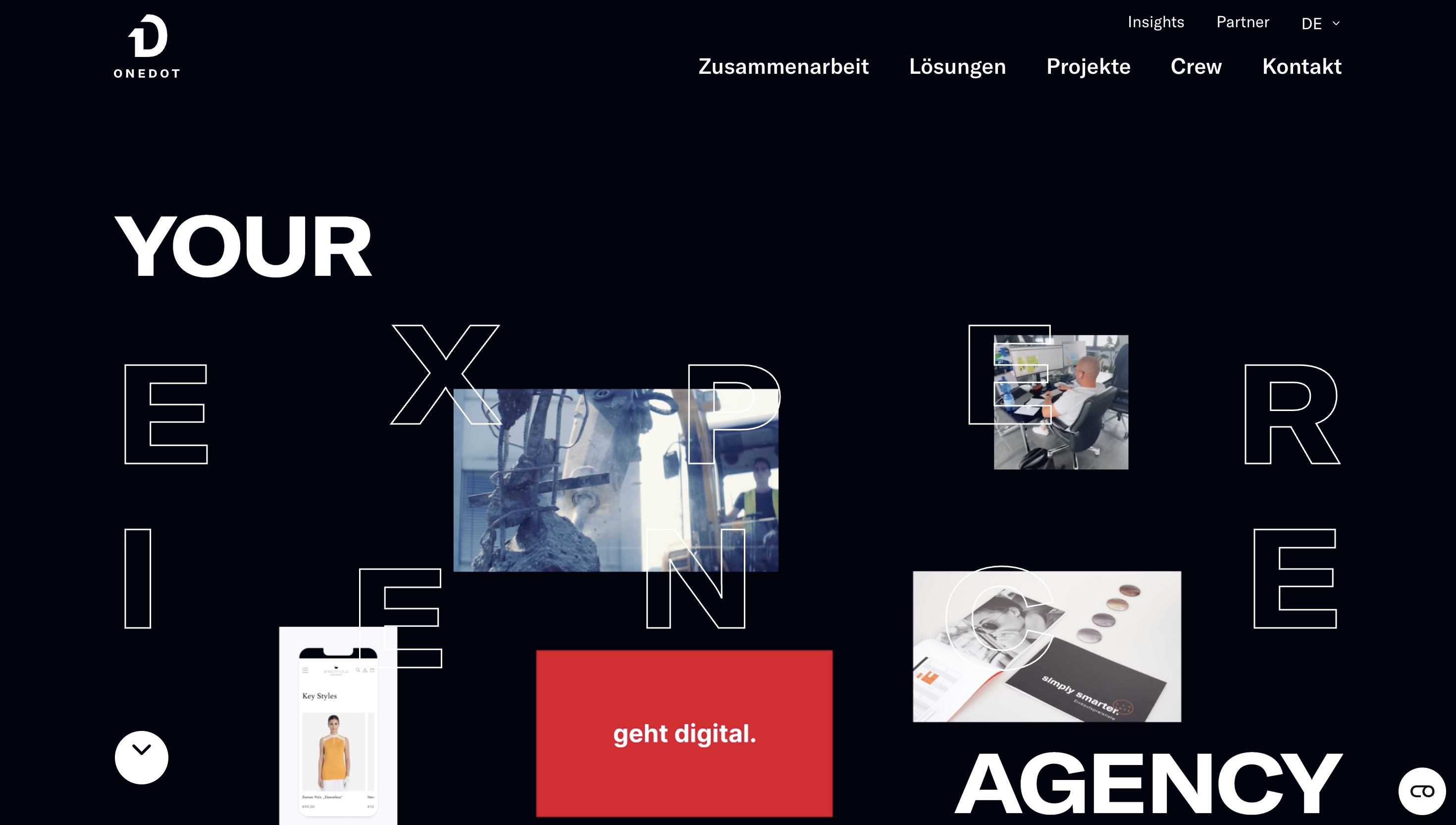 Black website interface with scattered images and text. "Your Experience Agency" in bold white text. Red box reads "geht digital."