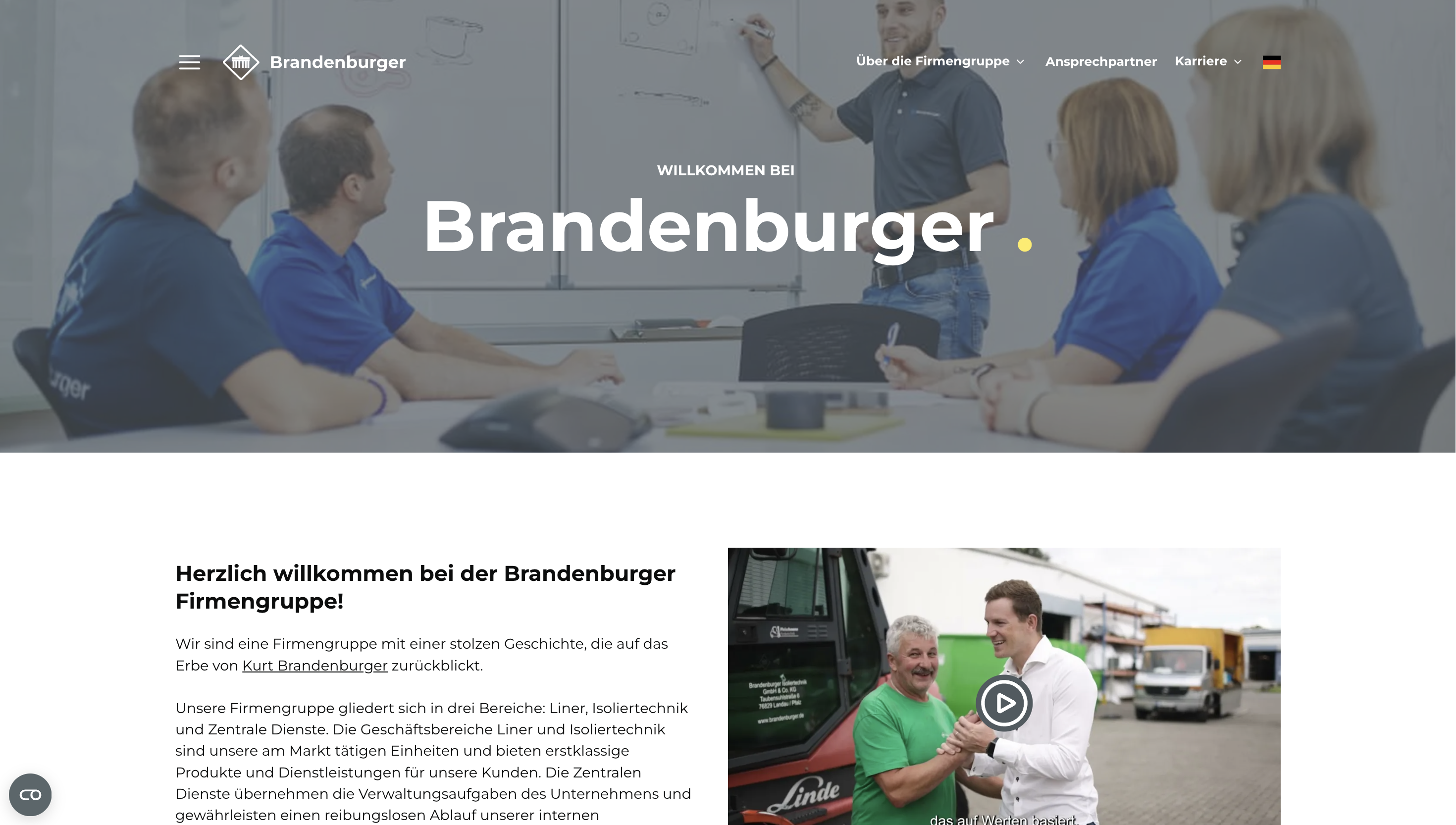 Office meeting with people in blue shirts, a man writing on a whiteboard, and Brandenburger's website introduction section with German text.