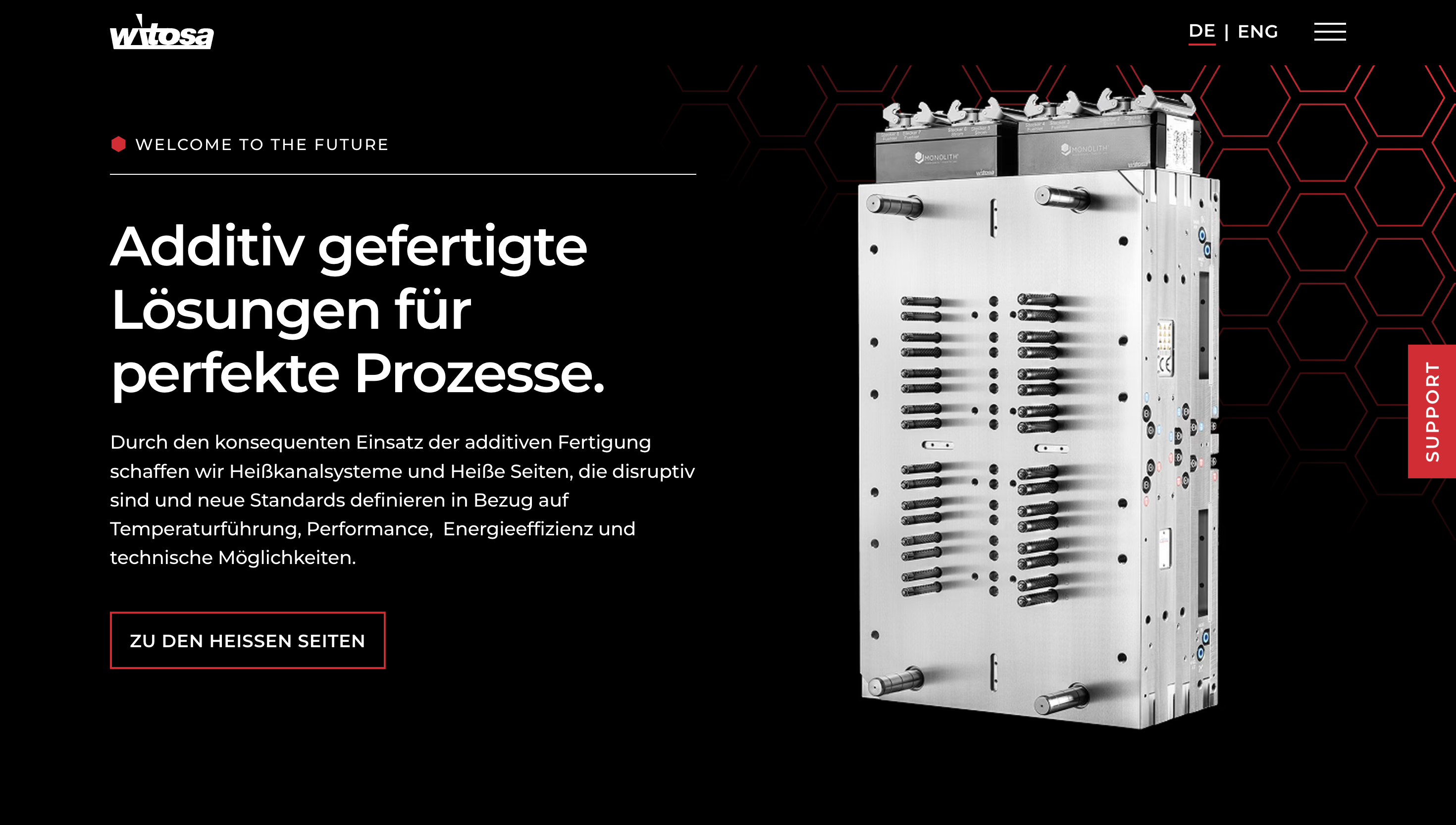 German text on a black background promoting additive manufacturing for perfect processes, featuring a metallic industrial component.