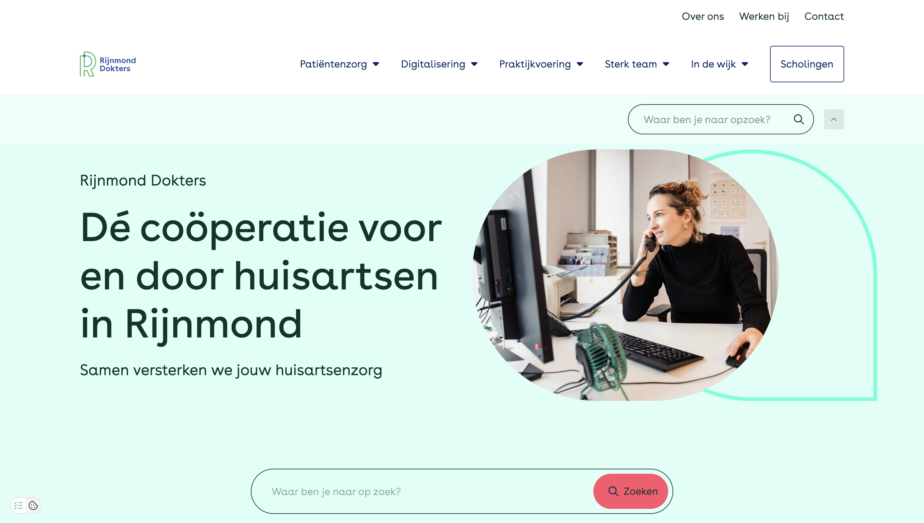 Website for Rijnmond Dokters, featuring a woman at a desk on the phone, highlighting GP cooperation and care services.