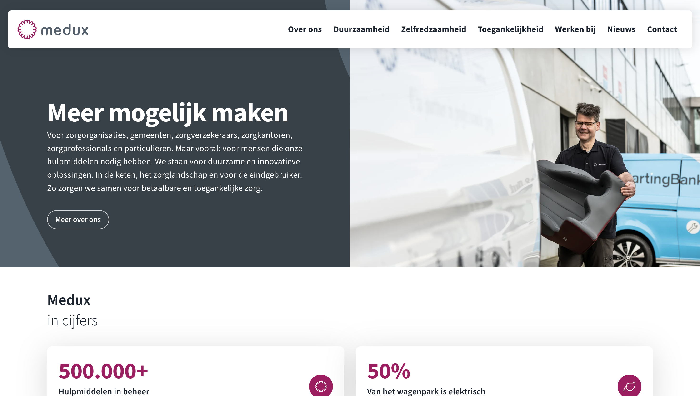 Website homepage with a smiling person holding a large medical device near a van. Text includes "Medux," statistics, and Dutch headers.