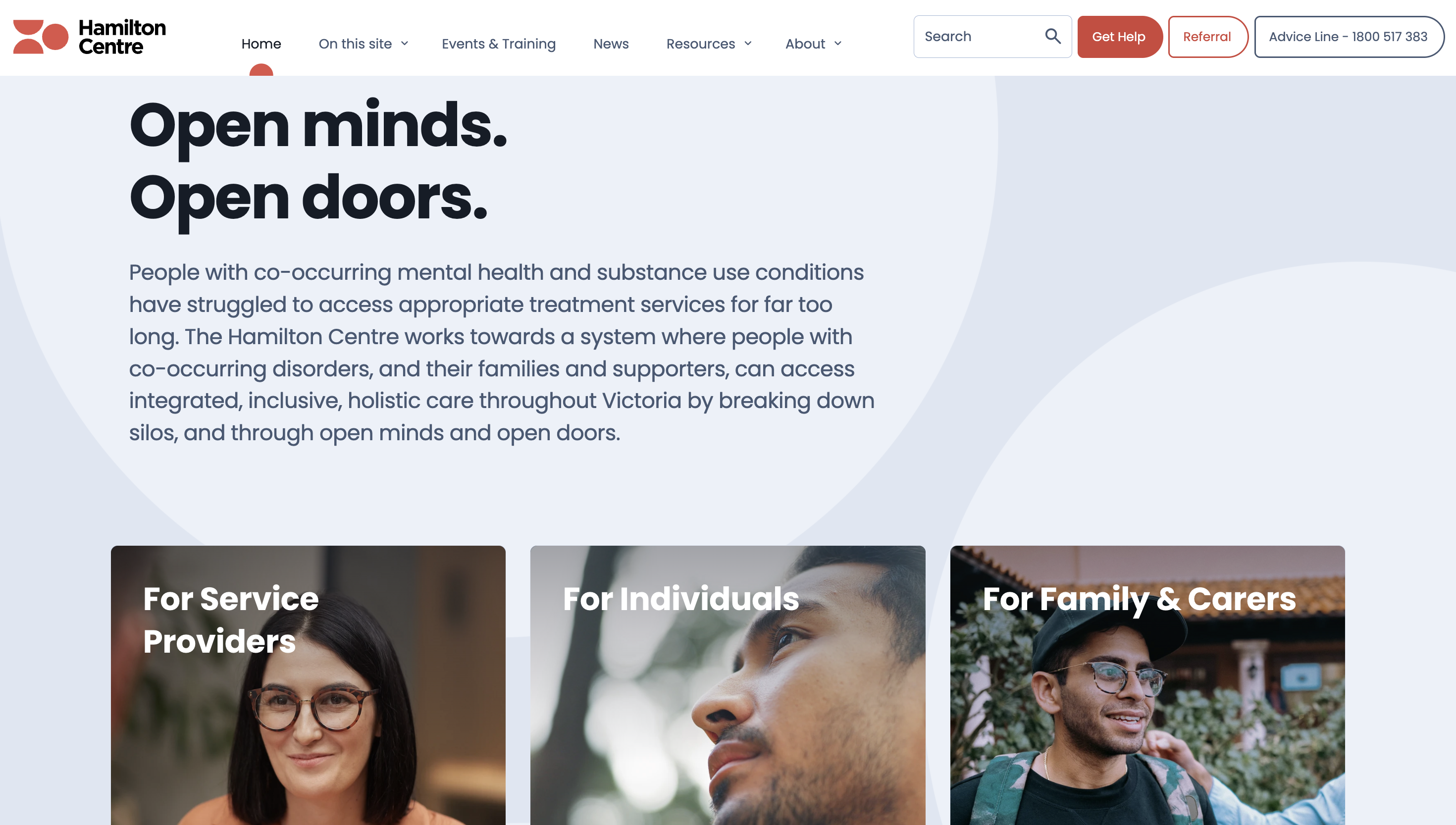 Hamilton Centre webpage promoting inclusive mental health and substance use care with sections for service providers, individuals, and families.
