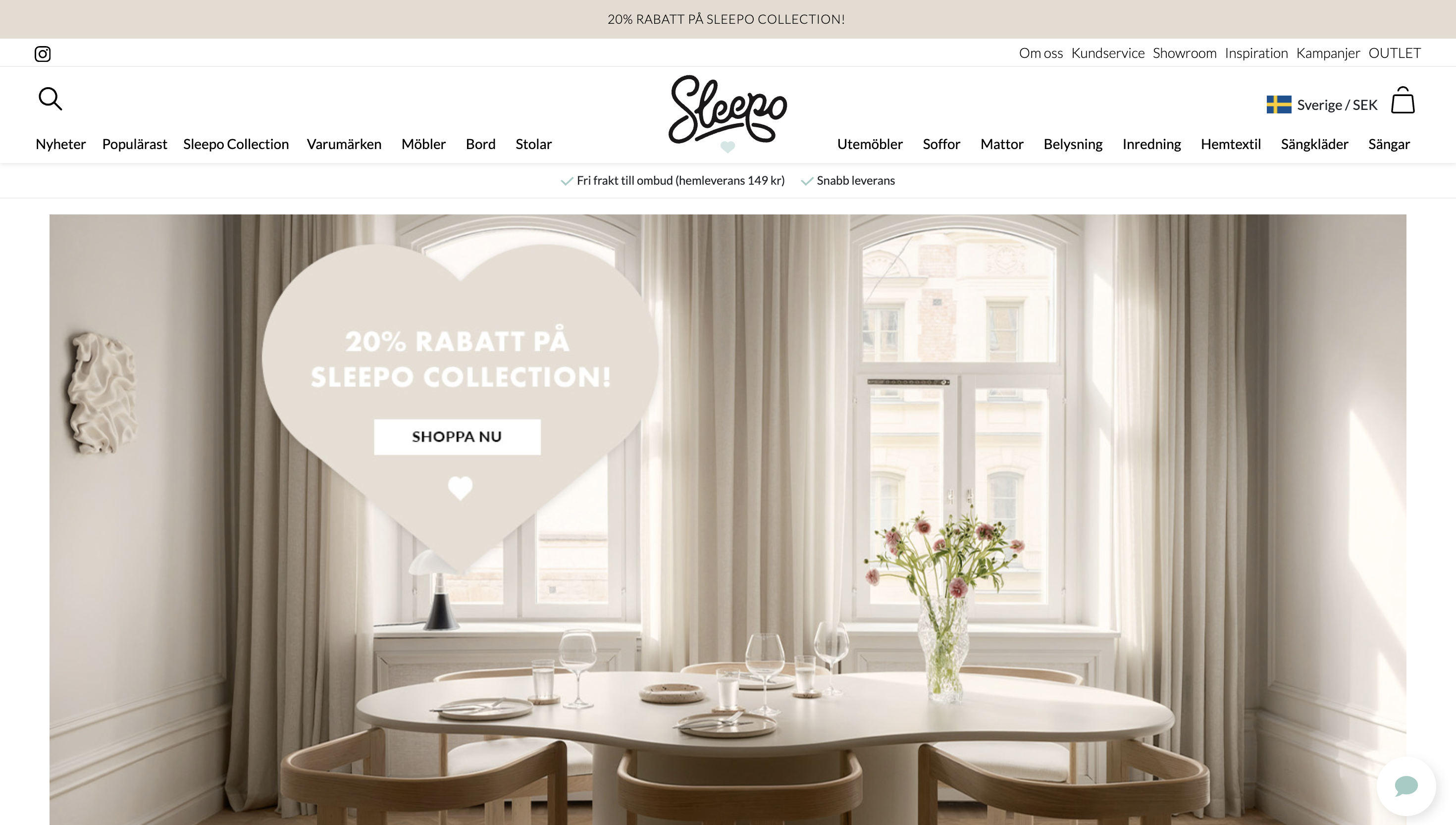 A bright dining room with a round table, white chairs, large windows, and a vase of flowers. A heart graphic offers a 20% discount on Sleepo Collection.