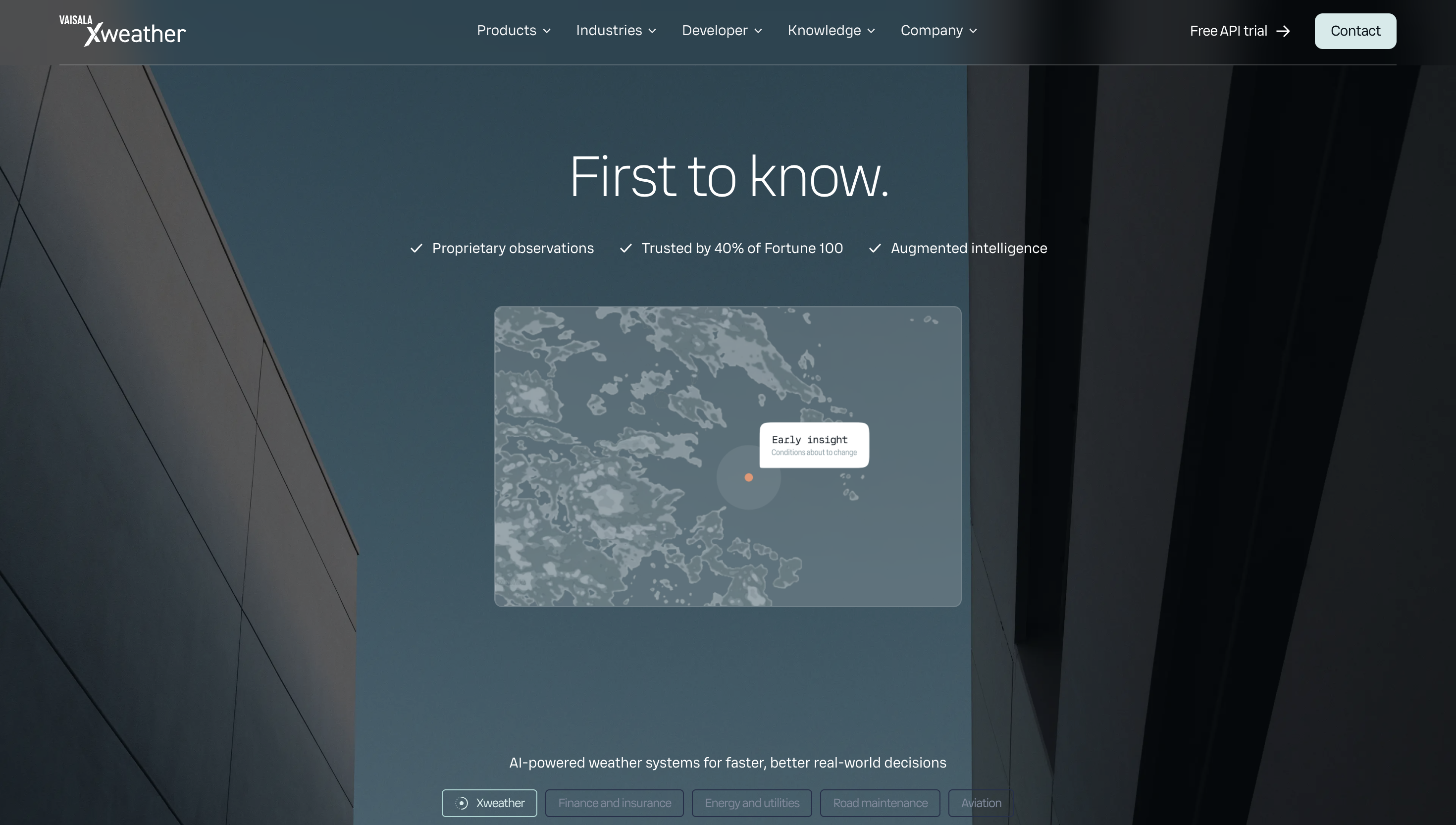 Weather forecasting website with the text "First to know." Features AI weather map and industry application options.