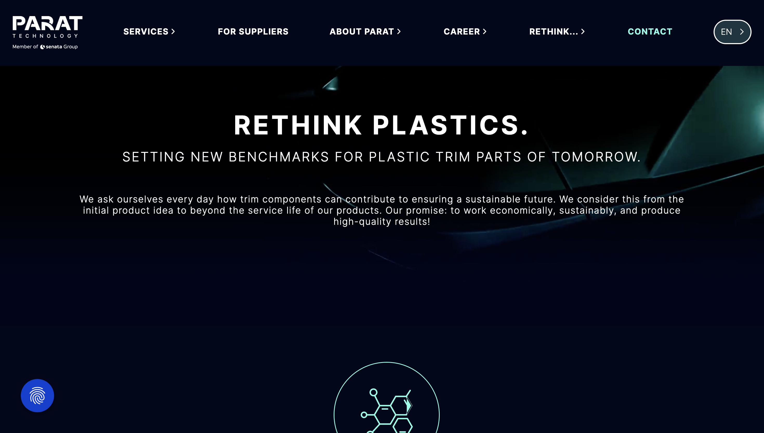 Website header for Parat Technology with the slogan "Rethink Plastics" promoting sustainable plastic trim parts. Dark, futuristic design.