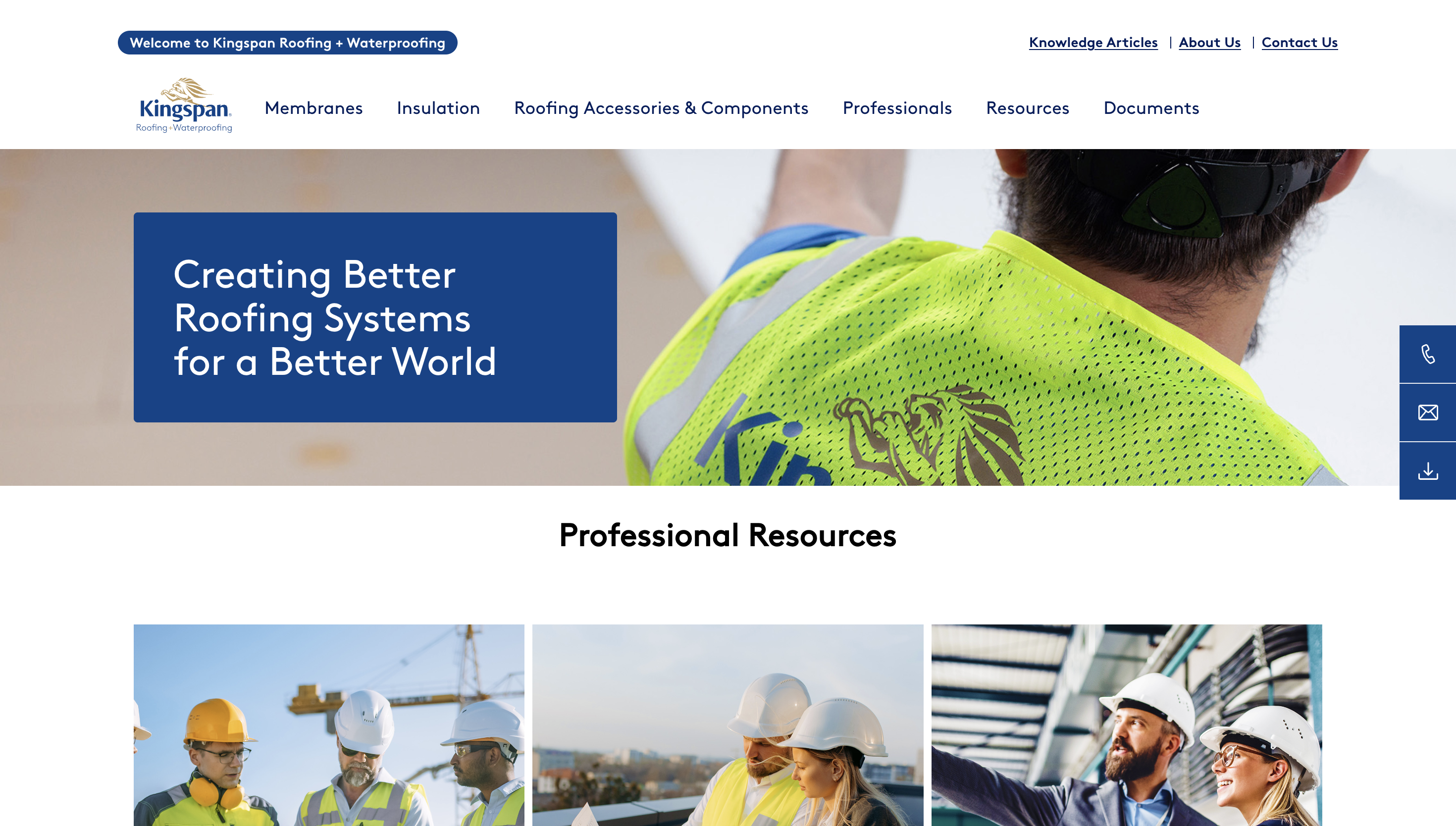 Website homepage showcasing "Kingspan Roofing + Waterproofing" with images of construction professionals and text: "Creating Better Roofing Systems for a Better World."