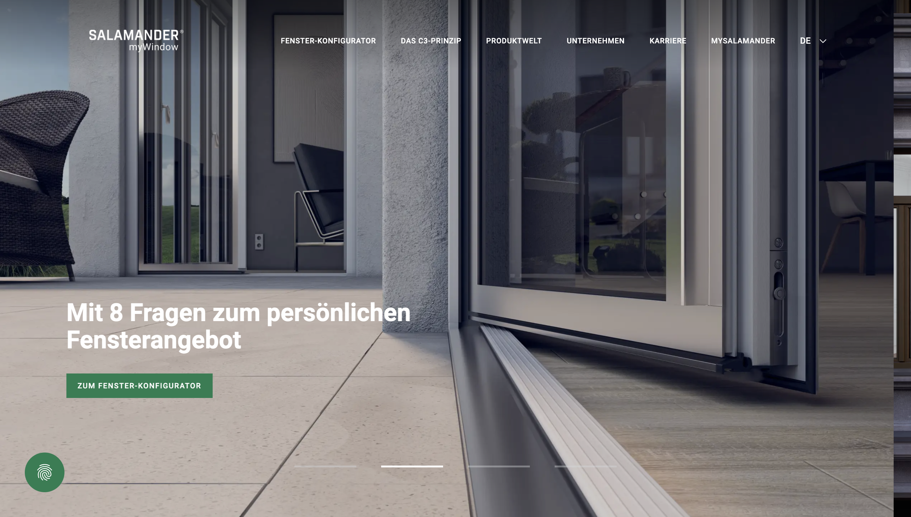 Sliding glass doors open to a patio with modern wicker chairs. Text promotes a personalized window offer with a configurator button.