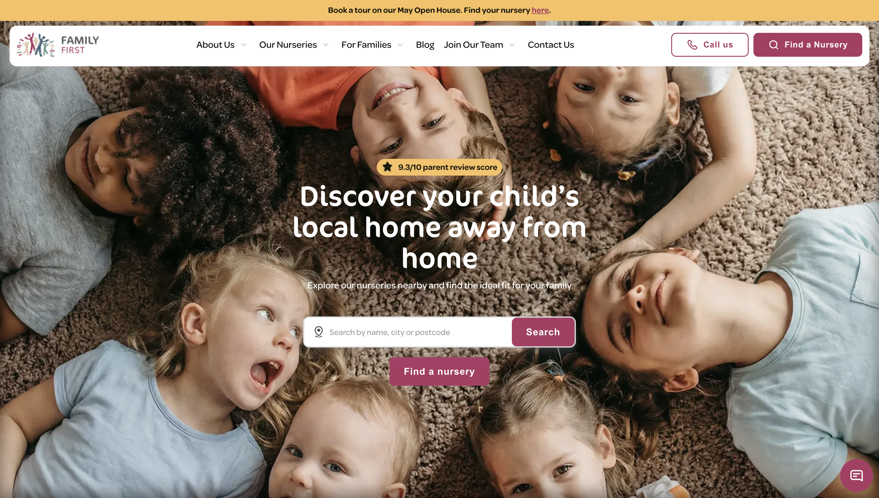Homepage hero section for Family First, showing children lying in a circle around a nursery search bar.