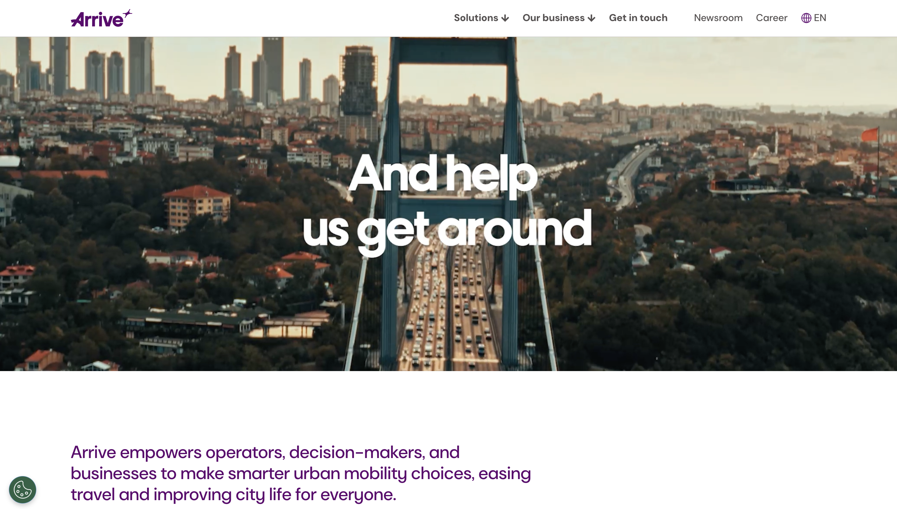 City skyline with a busy bridge, featuring text "And help us get around." Promotes urban mobility solutions by "Arrive".