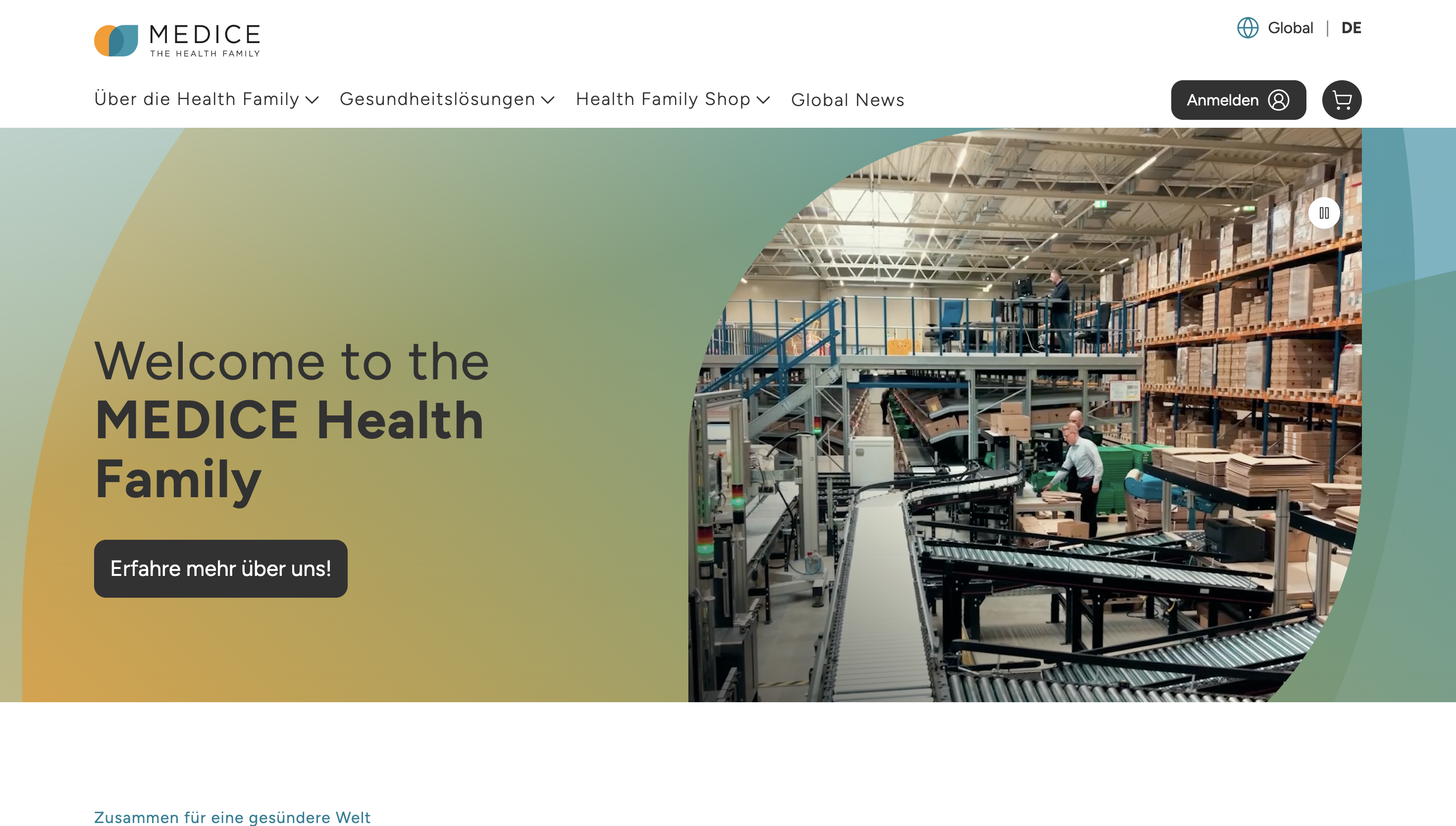 Welcome to the MEDICE Health Family webpage with a warehouse scene, showcasing employees and storage shelves.