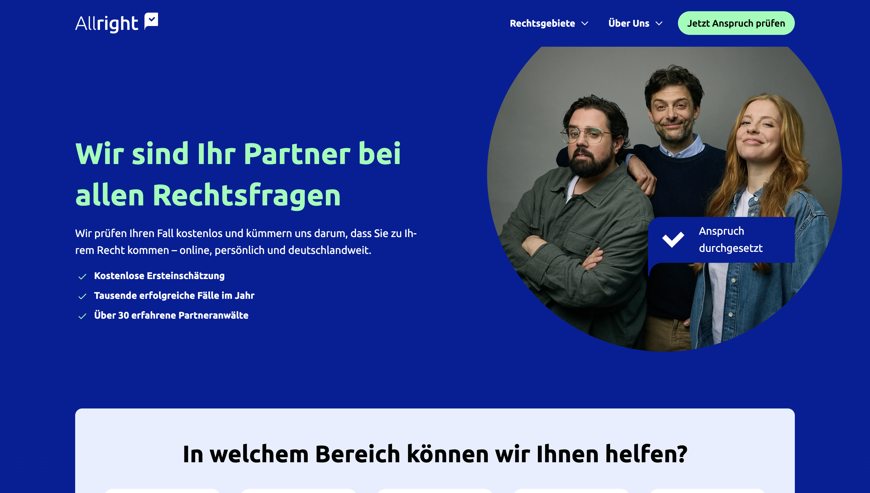 A legal website displaying three smiling people, offering services like free consultations and over 30 experienced lawyers in Germany.