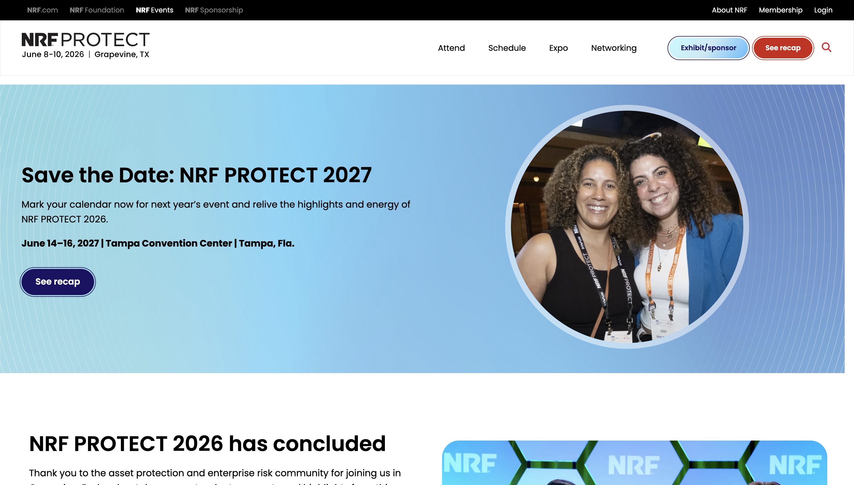 Website header for NRF Protect with event details and a photo of two smiling women. Event dates: June 14–16, 2027, in Tampa, Florida.