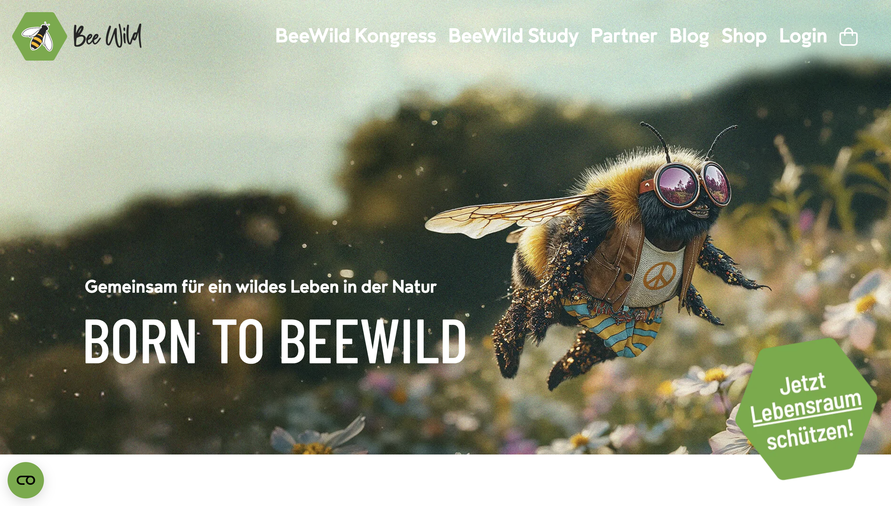 “Hero image of a stylized bee wearing goggles and clothing, flying over wildflowers, with the headline ‘Born to Beewild’ and a call to action to protect natural habitats.