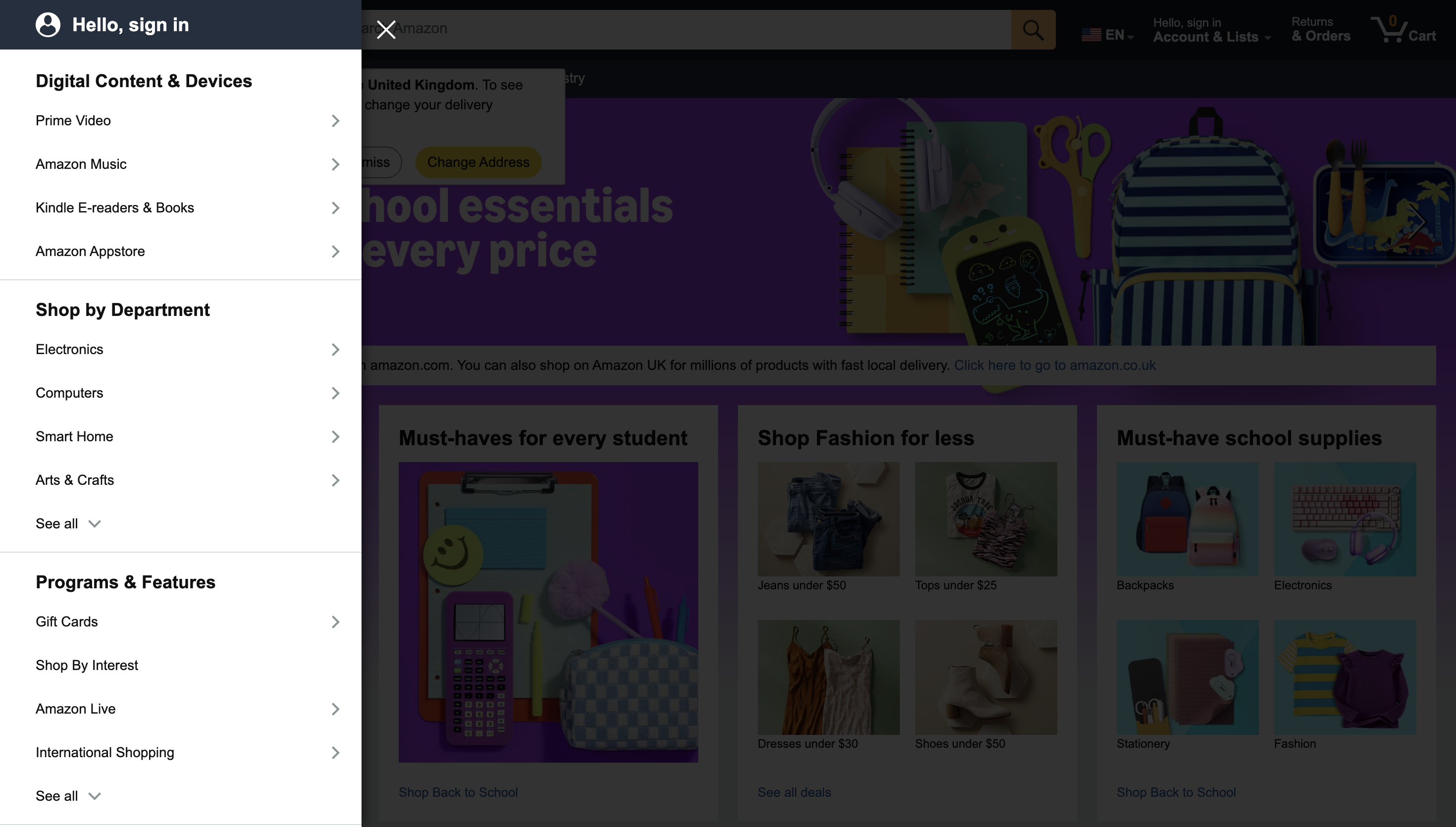 Amazon website menu showing categories: Digital Content & Devices, Shop by Department, and Programs & Features, with back-to-school promotions.