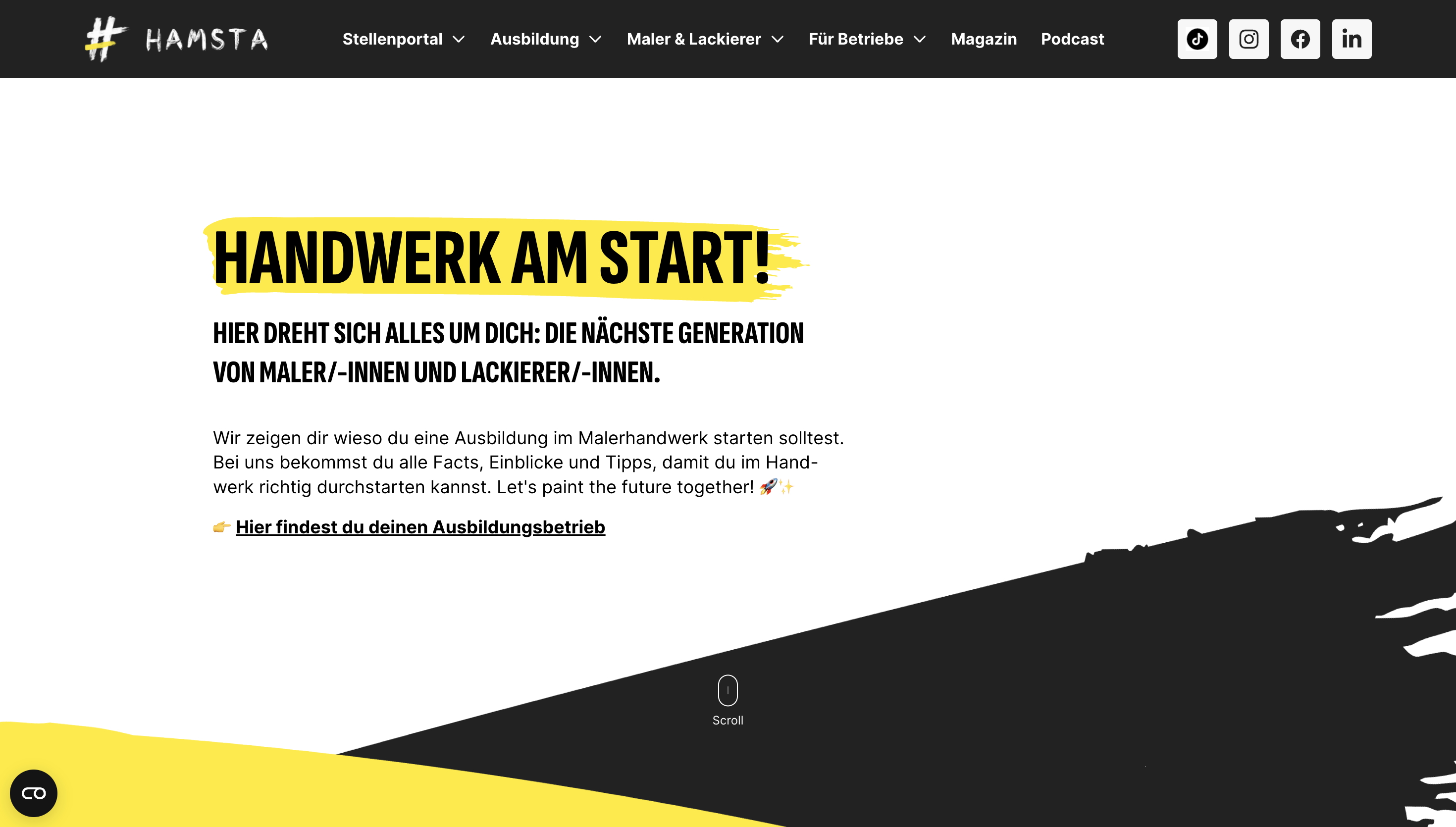 Website header with "Handwerk am Start" in bold yellow text, offering painting apprenticeships with insights and tips. Links and icons are visible above.