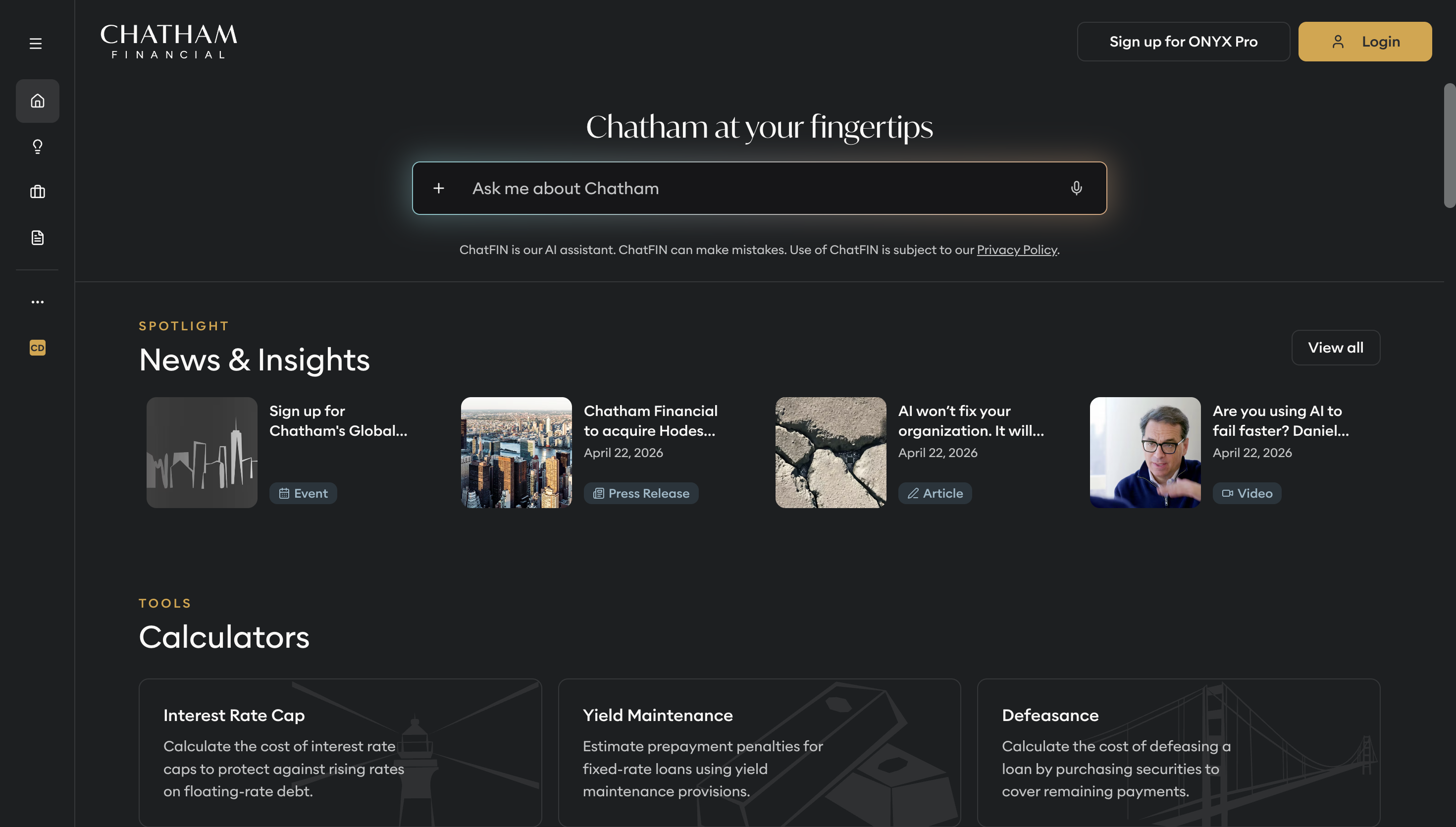 Chatham Financial webpage with search bar, news insights, calculators, and spotlight articles on acquisitions and AI use.