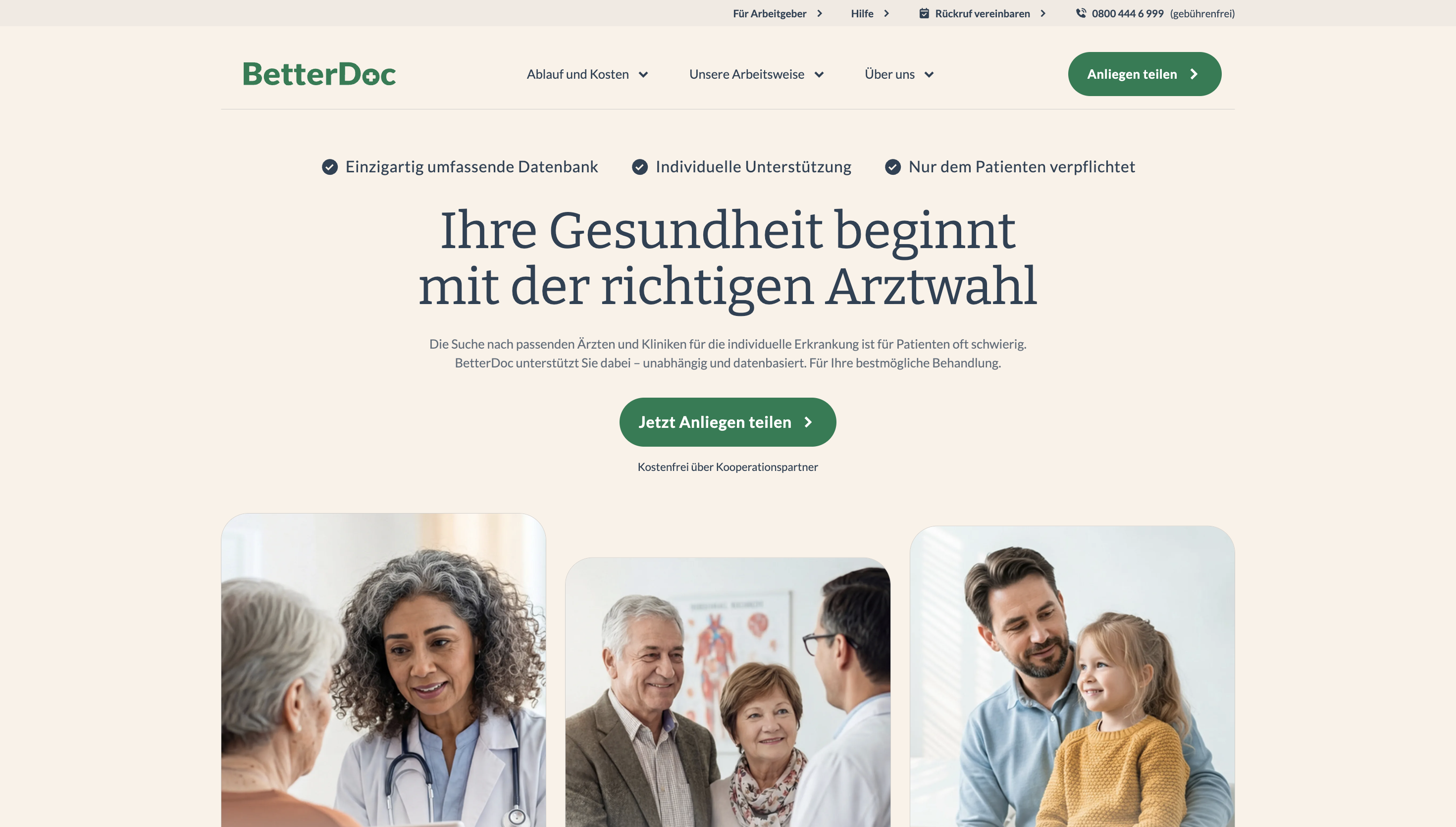 Website screenshot showing "BetterDoc" with healthcare professionals interacting with patients. Text reads "Ihre Gesundheit beginnt mit der richtigen Arztwahl."