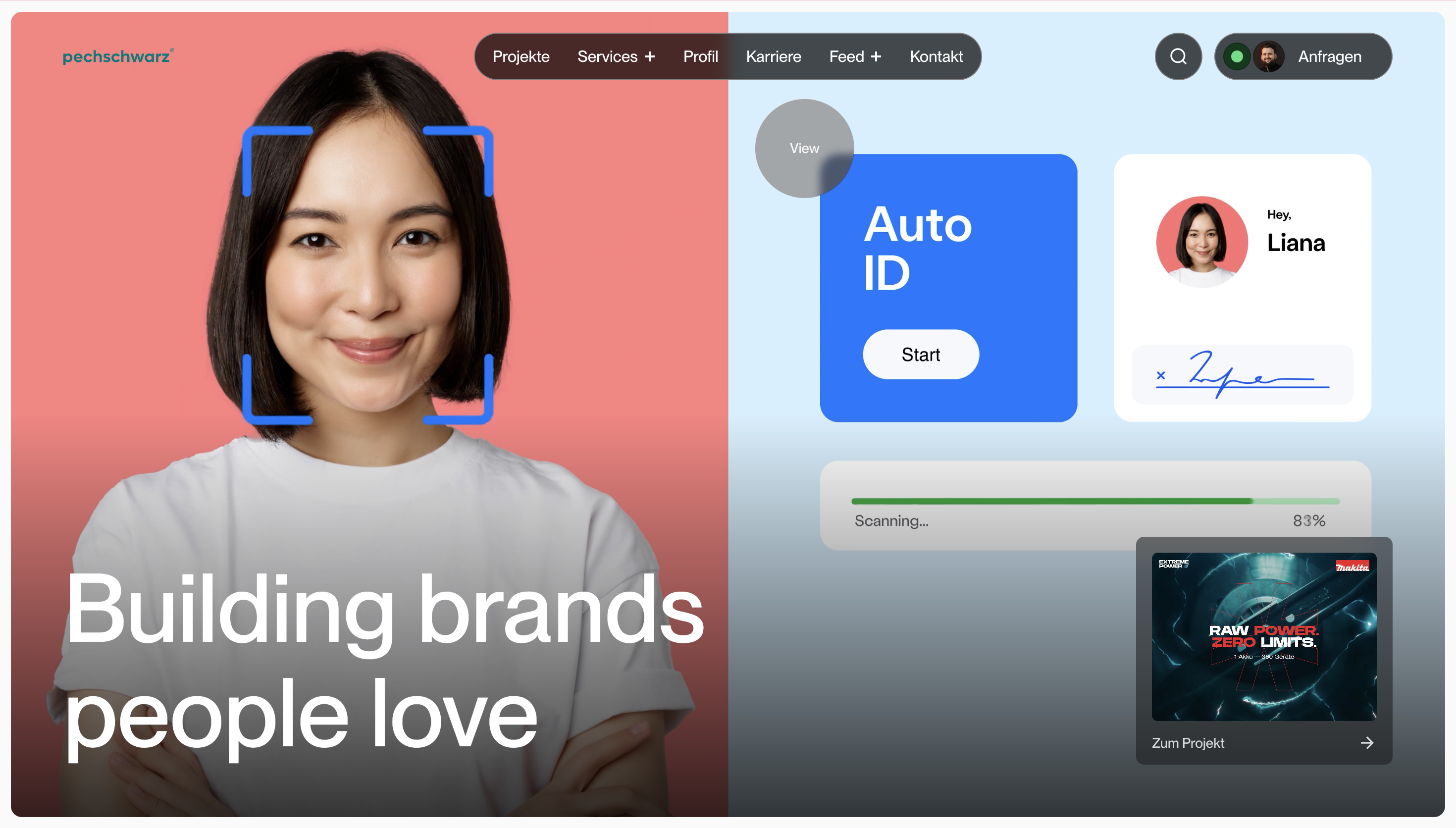 A smiling woman with facial recognition frame and text "Building brands people love" on the left; digital interface with "Auto ID" and profile on the right.