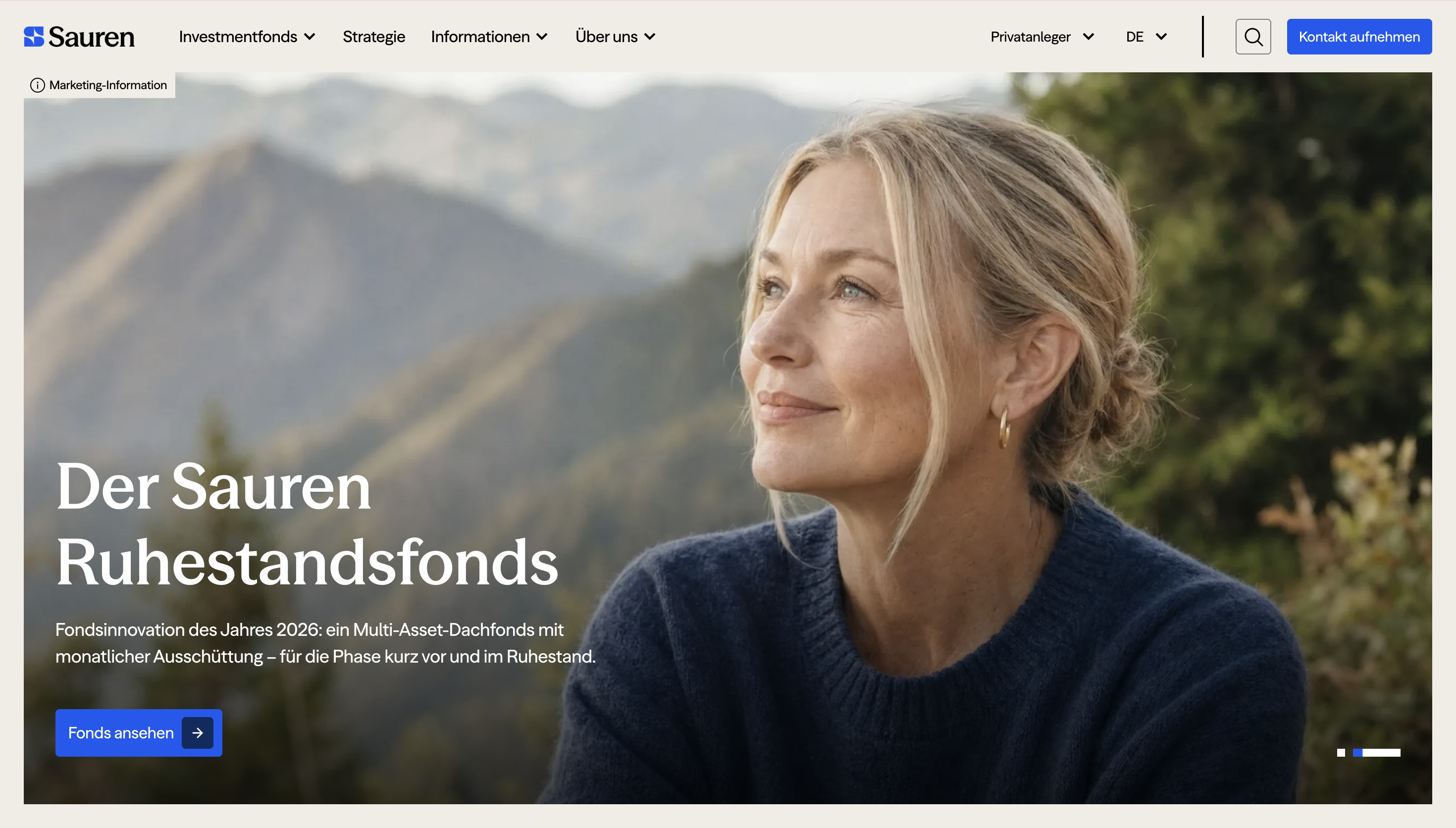 Smiling woman in a blue sweater with mountains in the background, alongside text in German about Sauren Ruhe-standsfonds and investment details.