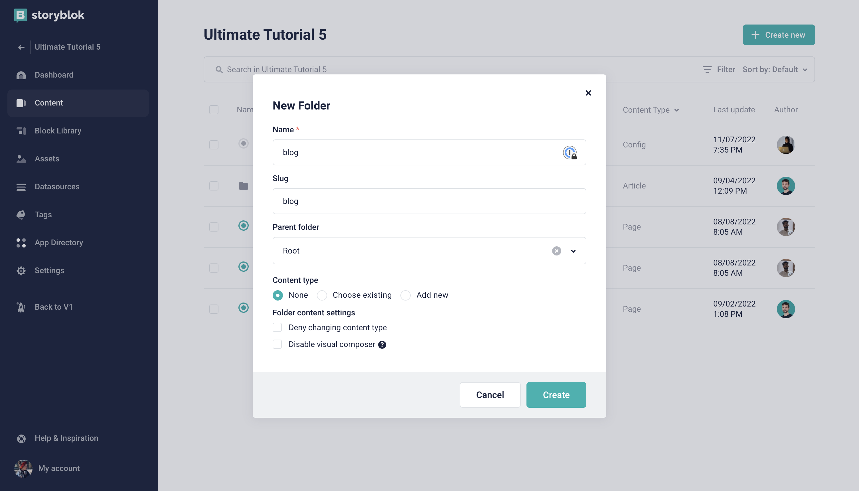 Adding Blog Folder in Storyblok UI