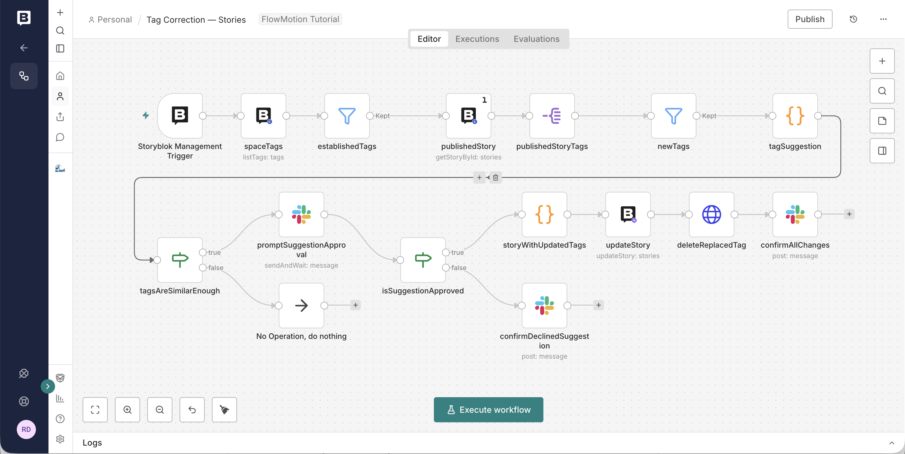 A FlowMotion workflow showing the steps to create an automated tag typo correction utility