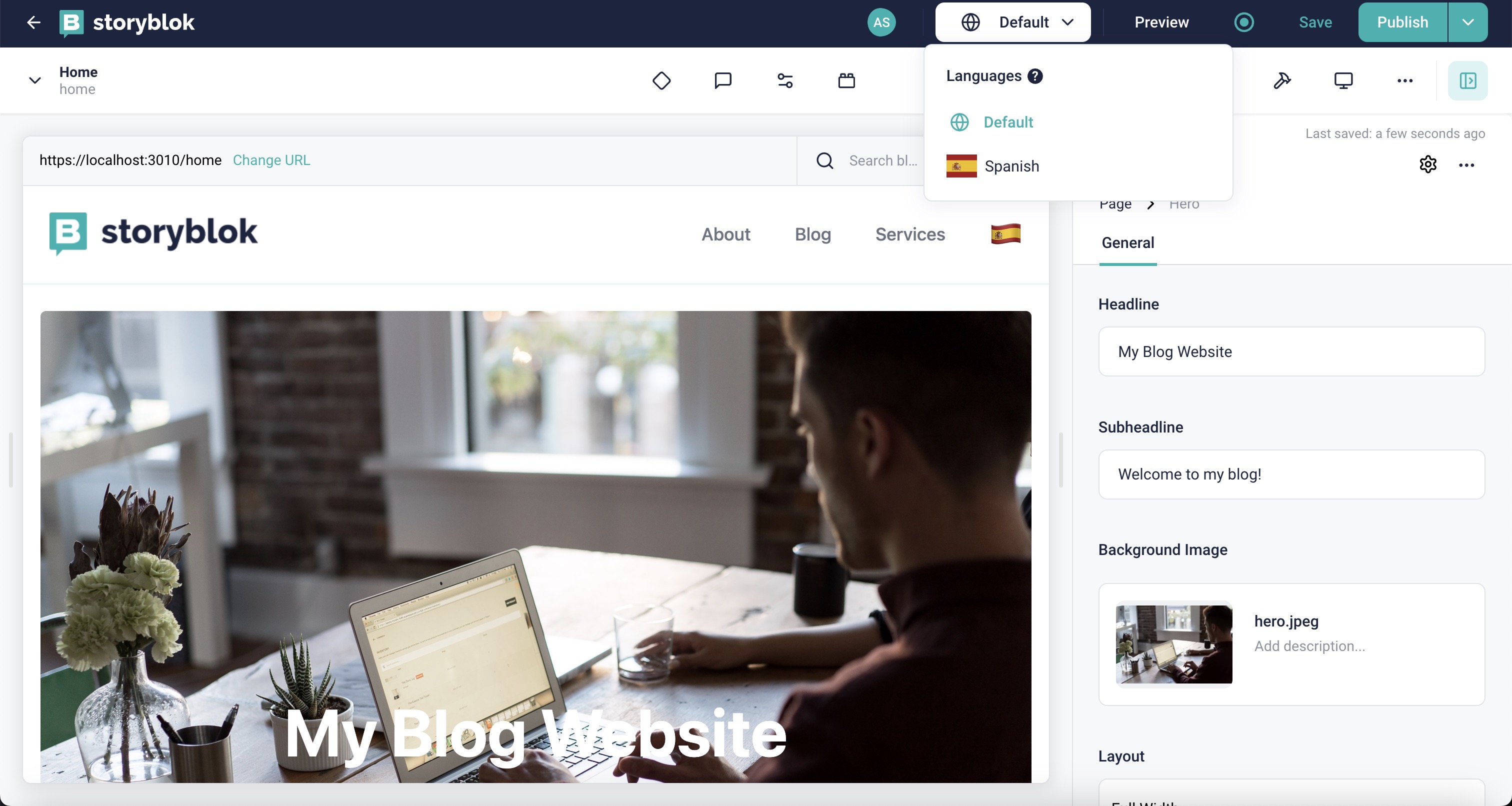 Language drop-down in the Storyblok space action bar