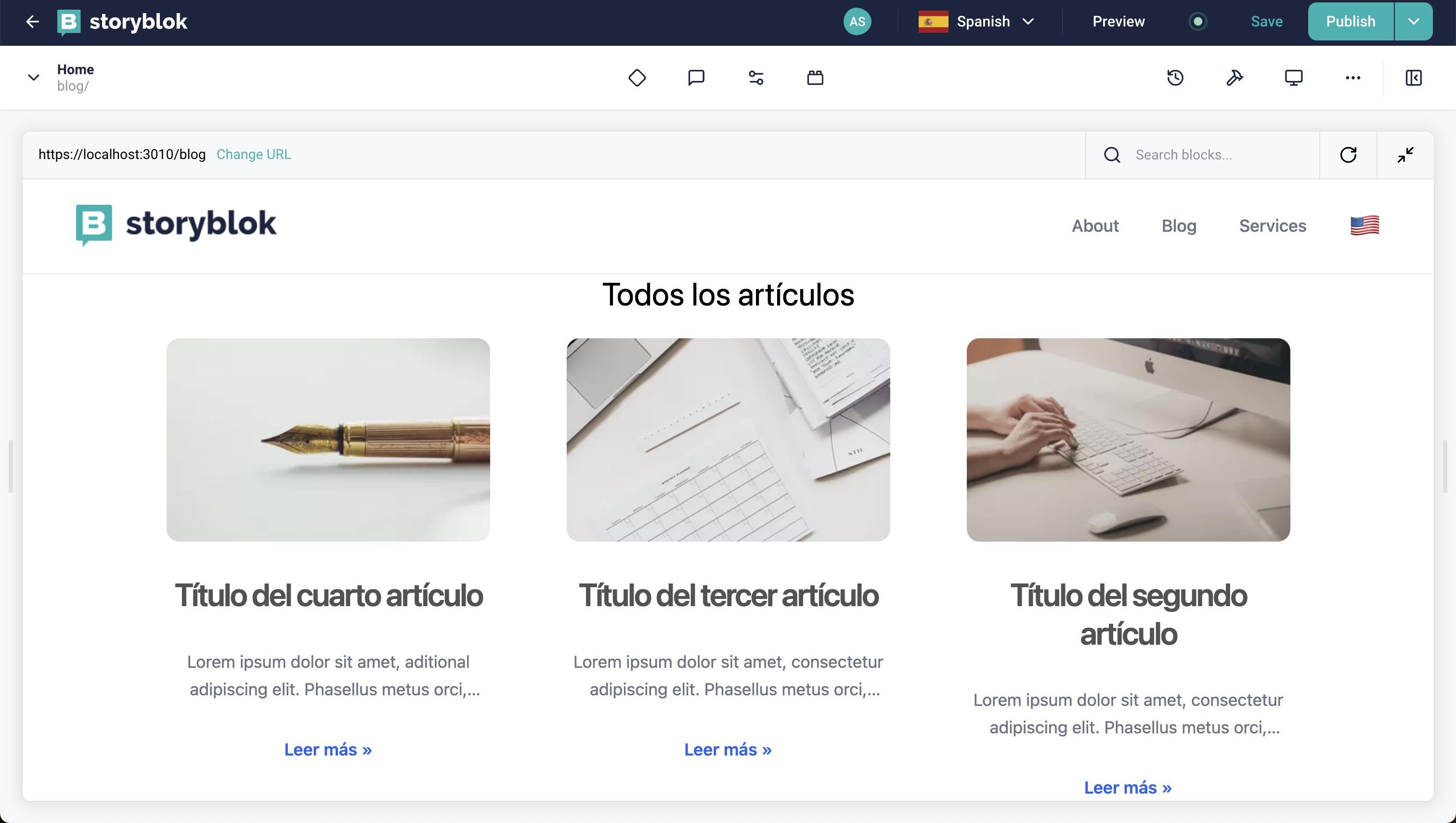 Language drop-down in the Storyblok space action bar