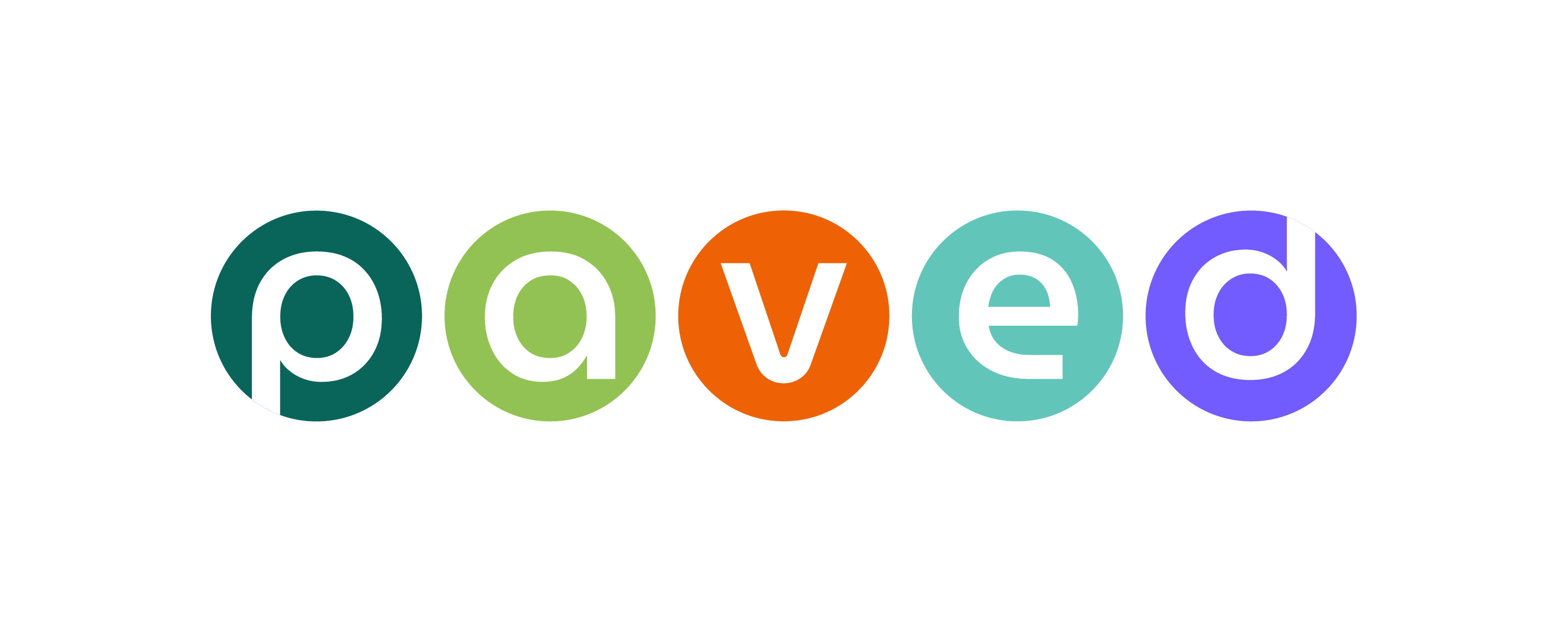 The word "paved" is spelled out, with each letter inside colorful circles: dark green, light green, orange, teal, and purple.