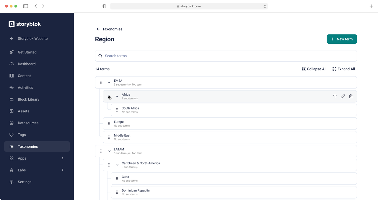 Storyblok Taxonomies page showing regions like EMEA and LATAM with sub-terms Africa, Europe, and Caribbean & North America.