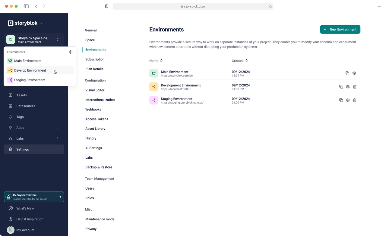 Storyblok interface showing environment settings with options for Main, Development, and Staging Environments, each with creation dates.