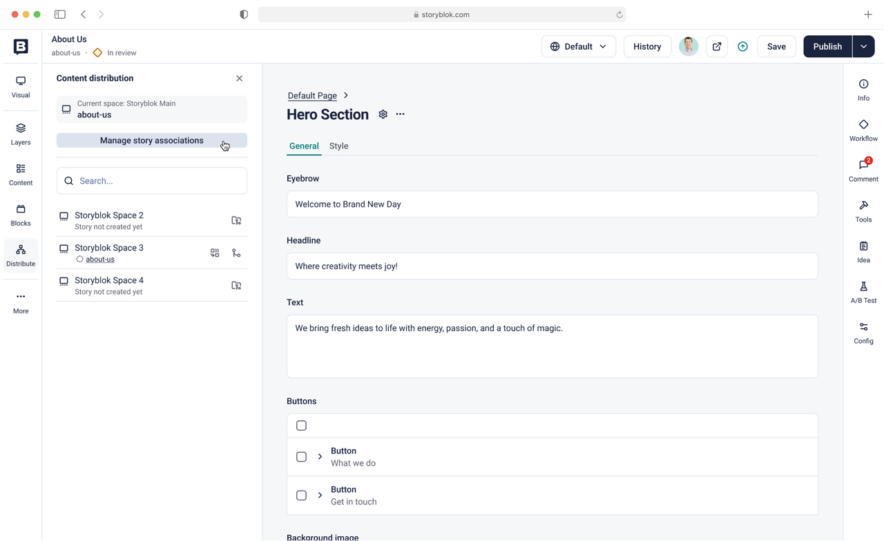 Storyblok content management interface displaying a hero section with fields for eyebrow, headline, text, and buttons.