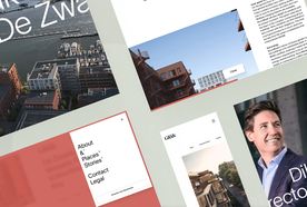 A collage of architectural designs, cityscapes, and a smiling person in a suit, with sections featuring text about projects and contacts.