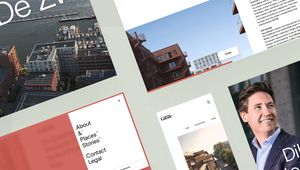 A collage of architectural designs, cityscapes, and a smiling person in a suit, with sections featuring text about projects and contacts.