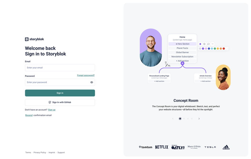 Storyblok Sign in screen with Github auth button