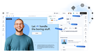 Storyblok visual editor interface featuring AI tools, a smiling person, and text: "Let AI handle the boring stuff." Options for language, SEO, and alt text.