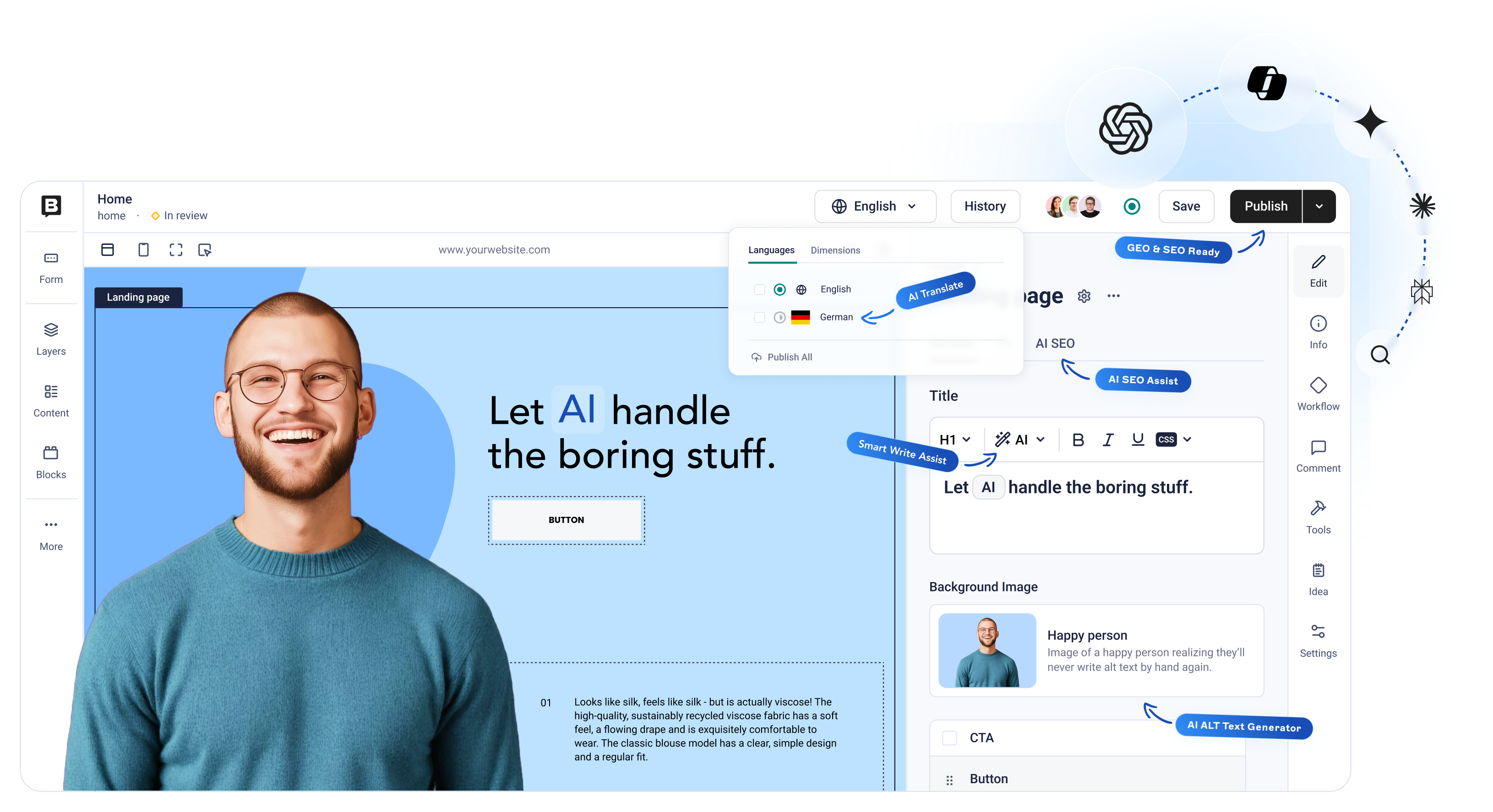 Storyblok visual editor — live preview of a webpage next to a structured component panel