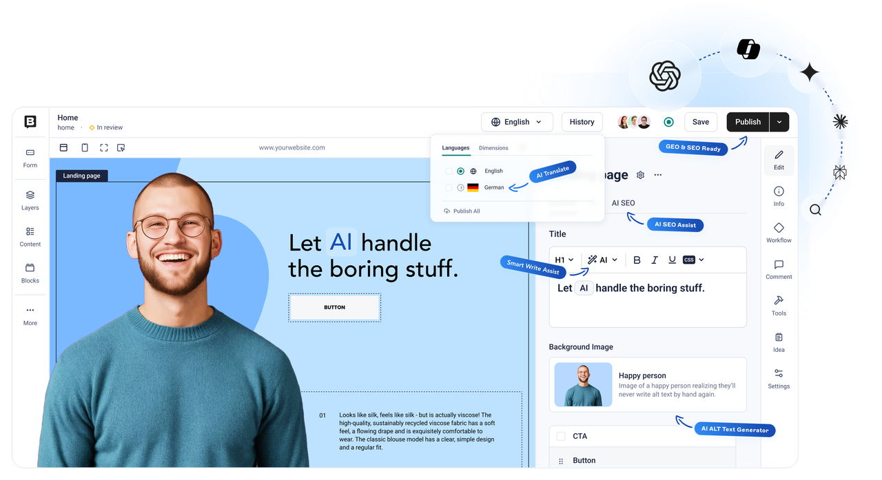 Interface of an AI design tool featuring editing options, text editing panel, and a smiling man in a blue sweater.