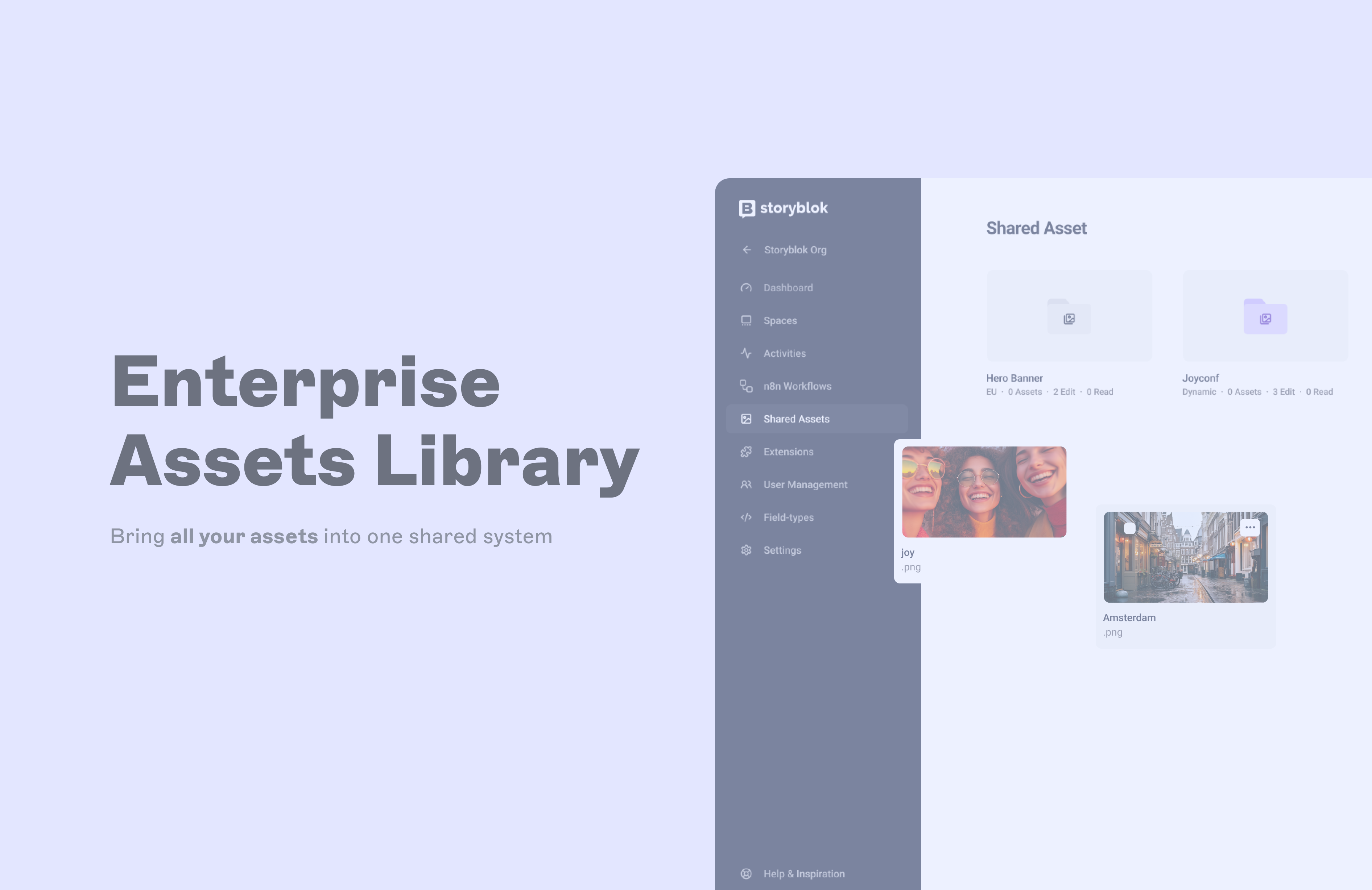 Dashboard interface of Storyblok's Enterprise Assets Library, displaying folders and images in the Shared Assets section.