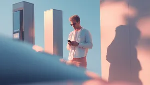 Man in sunglasses checking phone near modern columns, casting a shadow on a pink-tinted wall.