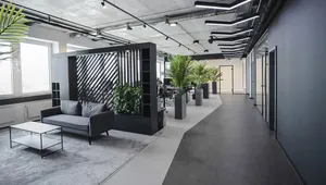 Modern office with gray sofa, black coffee table, and green plants. Open space design with glass partitions and geometric ceiling lights.