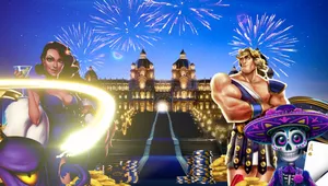 Cartoon characters in front of a grand, illuminated palace with fireworks, surrounded by gold coins and poker chips at night.