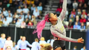 Volleyball player with pink braids jumps to spike the ball during a match, with a focused crowd in the background.