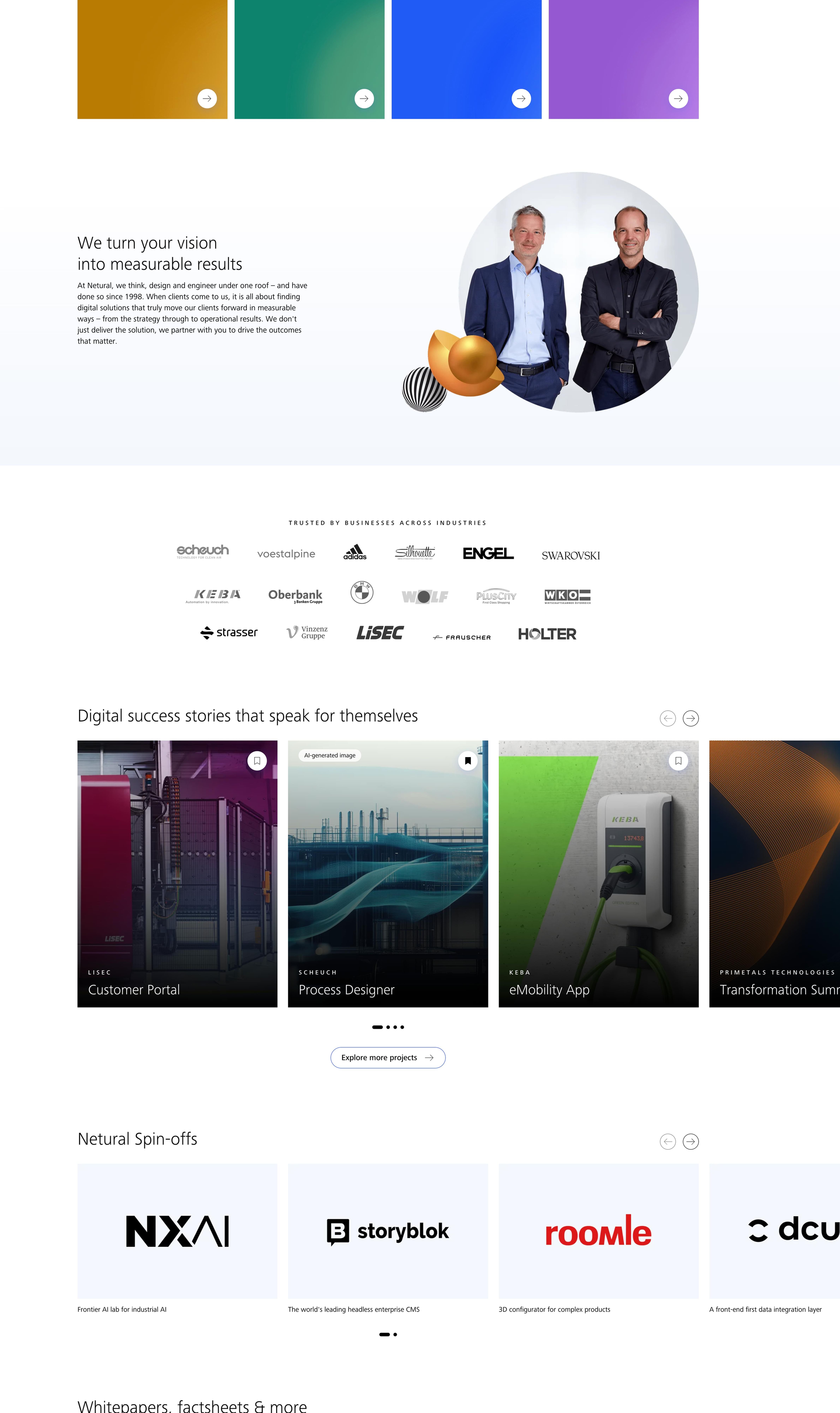 Website homepage featuring digital expertise services, success stories, client logos, team members, and informational resources.