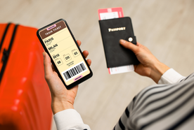 A person holding a smartphone displaying a digital train ticket from Paris to Milan, while holding a passport and boarding passes, with a red suitcase in the background.