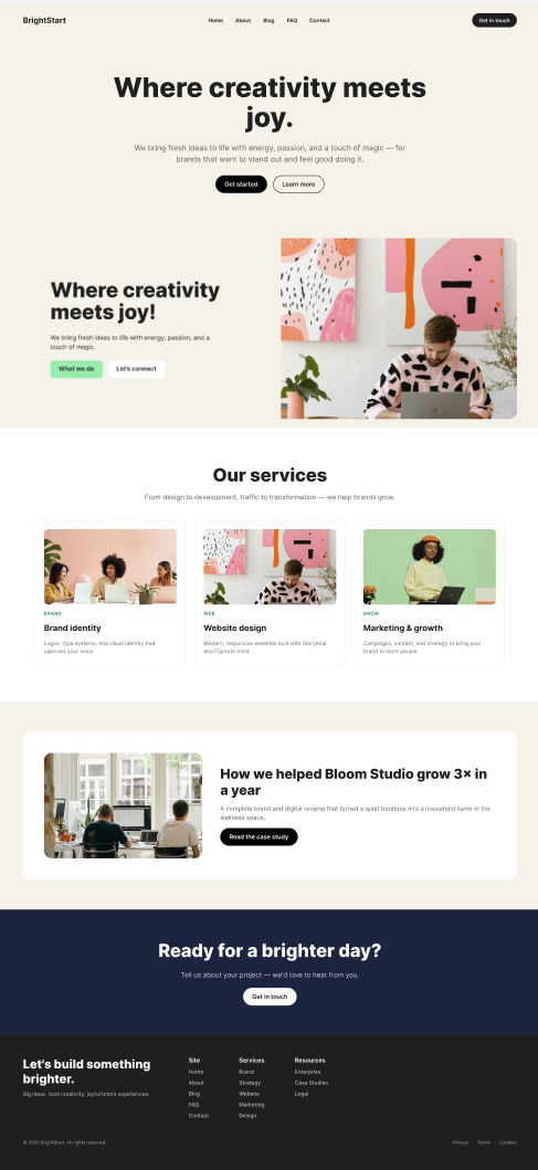 Figma Design of an example BrightStart homepage featuring creative branding services, case studies, and a call to action for business growth.