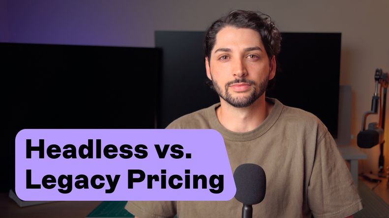 Person in a brown shirt sits in front of a microphone, with text overlay: "Headless vs. Legacy Pricing."